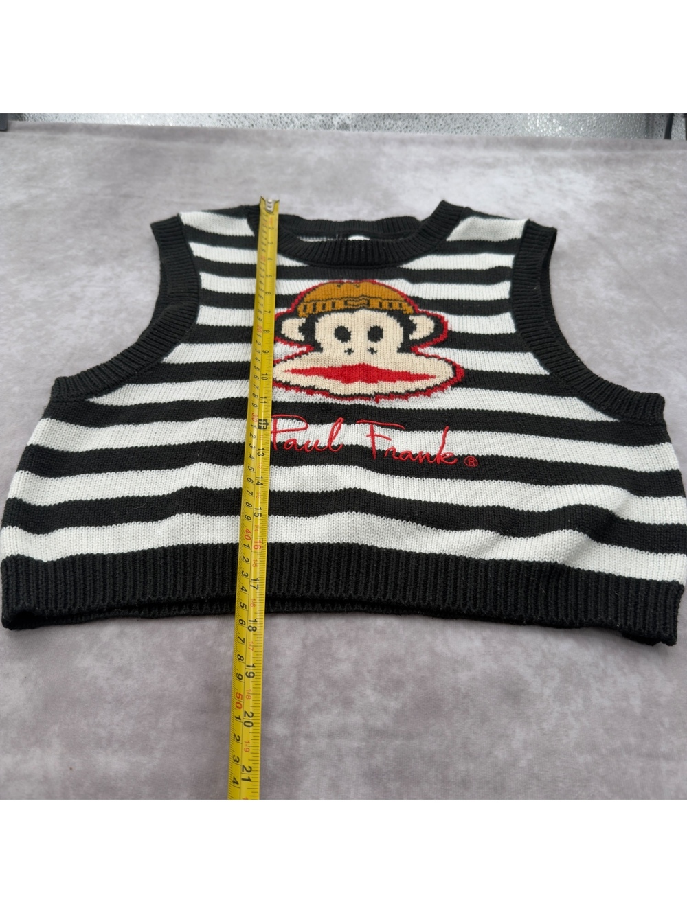 90s Paul Frank Julius Monkey Black White Striped Knit Sweater Vest Size M Y2K - Picture 7 of 7